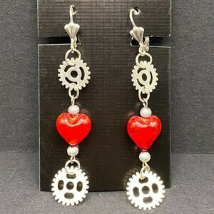 Handmade Red Glass Heart & Gear Silver Tone Earrings by Neanie-Bot